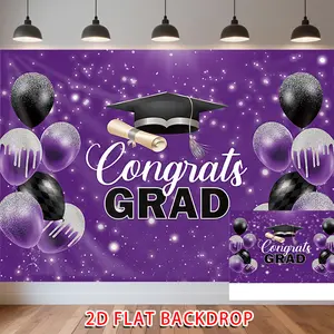 2D Flat Banner, Graduation Theme Party Decoration, Purple glitter background with black and silver balloons, graduation cap and diploma, Congrats GRAD text Design Photo Props, Birthday Party Family Party Events