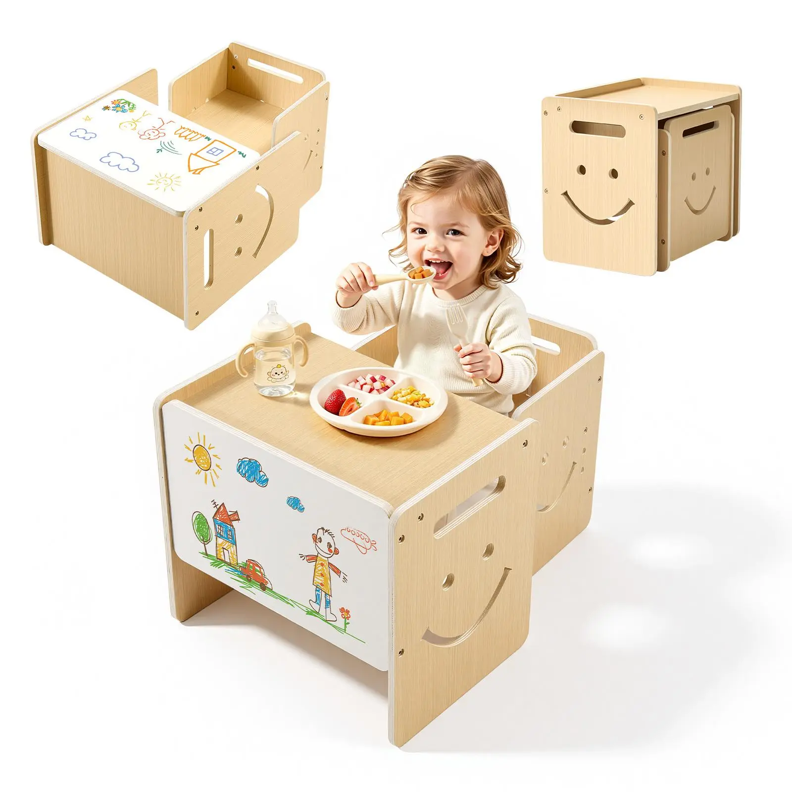 【SummerFinds】VEVOR Montessori Weaning Table and Chair Set, Wooden, Kids Table and Chair Set for Toddlers 1-5, Step Stool with Whiteboard and 3 Heights Adjustable, Easy to Clean, for Eating Drawing Reading Playing