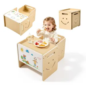 【SummerFinds】VEVOR Montessori Weaning Table and Chair Set, Wooden, Kids Table and Chair Set for Toddlers 1-5, Step Stool with Whiteboard and 3 Heights Adjustable, Easy to Clean, for Eating Drawing Reading Playing
