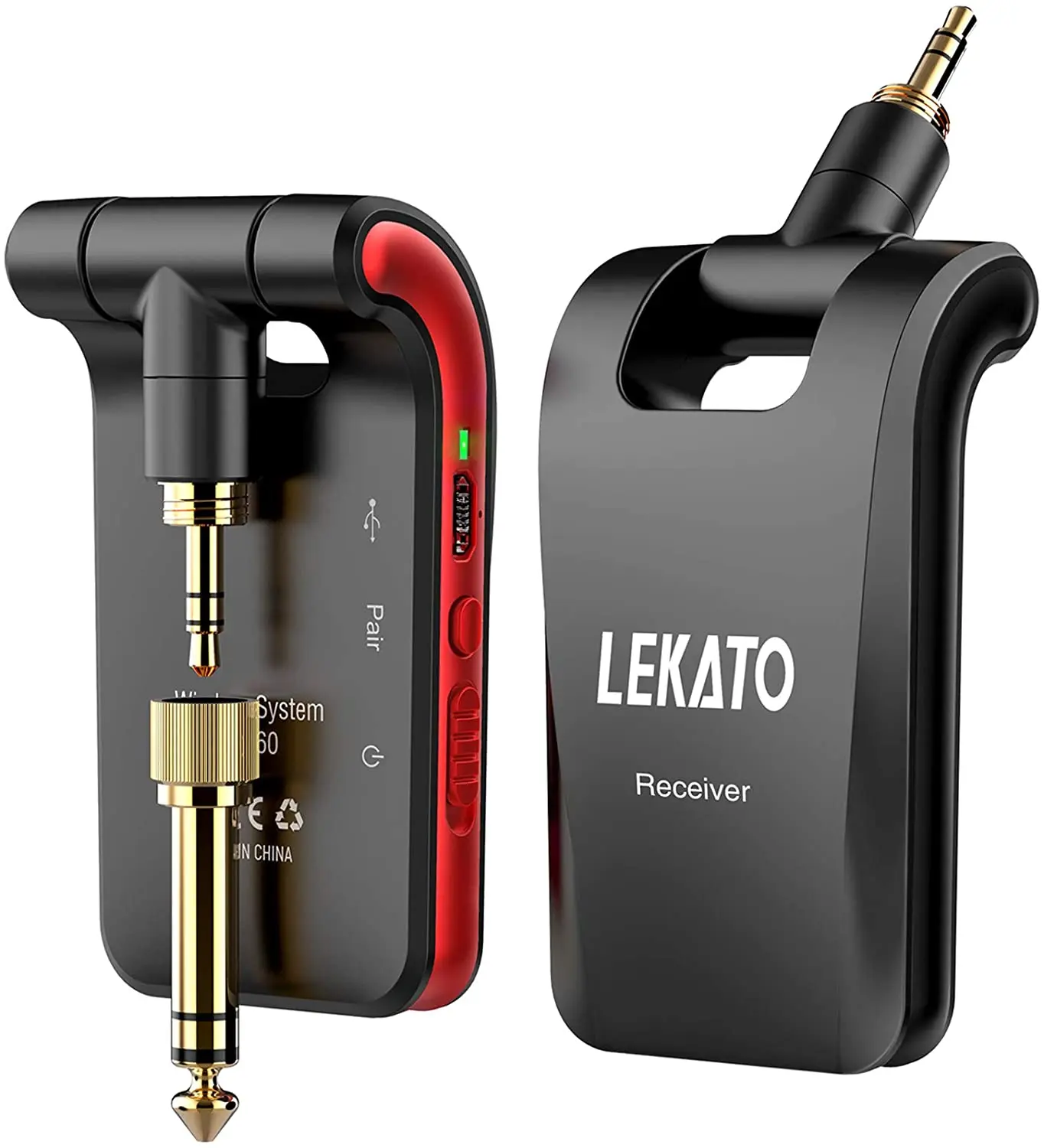 LEKATO WS-60 Wireless Guitar System, Audio Wireless Transmitter Receiver, 2.4GHz Rechargeable 6 Channels for Guitar Bass Electric Instruments, Stereo and Mono 1/4” & 1/8” 2 in 1 Plugs