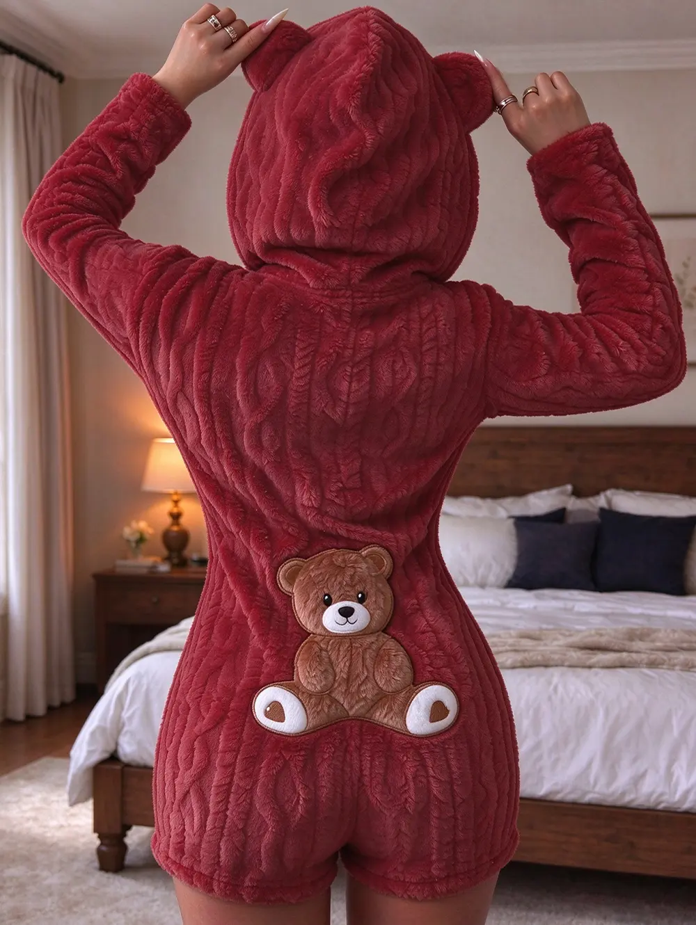 Women's Comfortable Casual Bear Embroidered Hooded Fleece Pullover Sweatshirt, Womenswear, Comfortable Casual Fashion, Everyday Daily Wear, Ideal Gift for Her,Piece,Tops