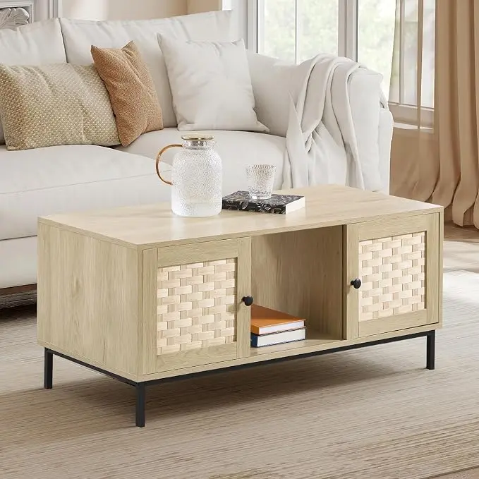 Bonzy Home Natural Mid-Century Modern Wood Coffee Table with Storage & Rattan Sliding Doors for Living Room Outdoor Use
