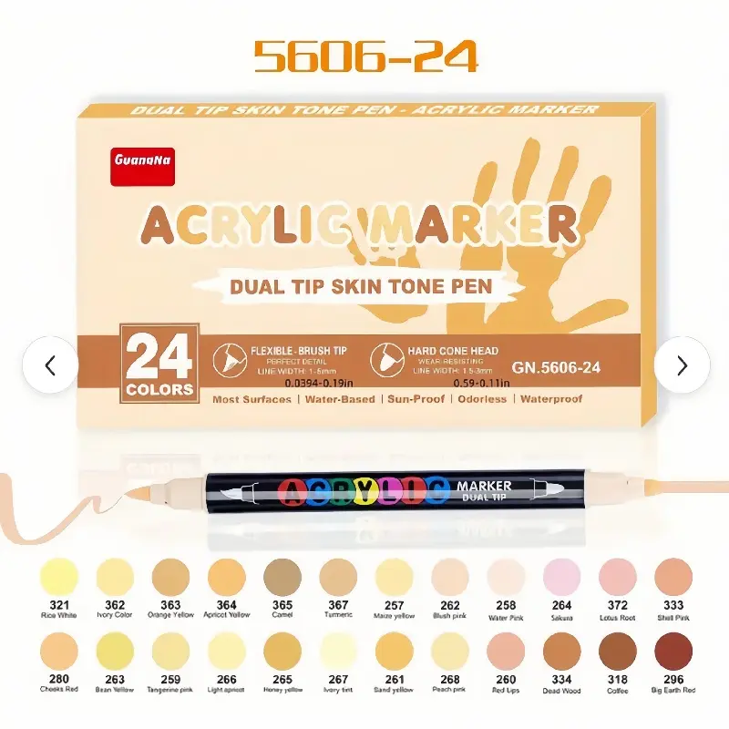 Guangna Dual-Ended Marker Set, 24 Colors Skin Tone Markers, Medium Tip Art Supplies for Drawing & Coloring, School & Professional Use