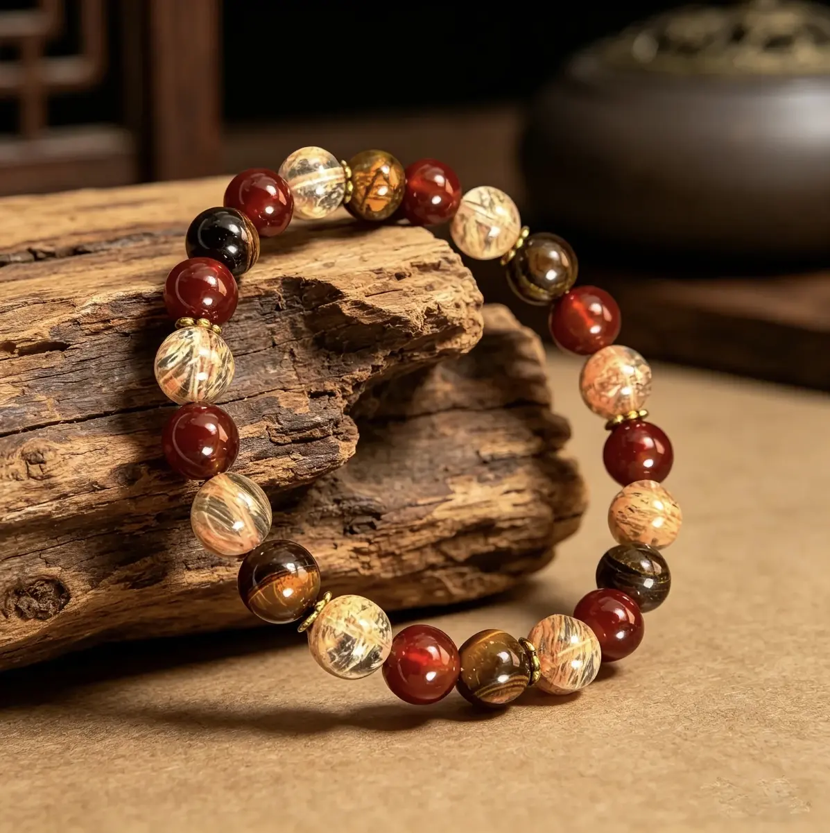 4-Style Healing Crystal Beaded Bracelet Set - Tiger’s Eye, Volcanic Lava Stone Spiritual Energy Bracelets, Costume Jewelry for Meditation, Wealth Manifestation, Anxiety Relief