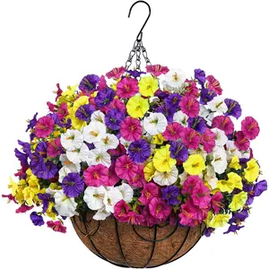 Artificial Hanging Flowers with Basket for Outdoors, UV Resistant Faux Silk Morning Glory with Eucalyptus Realistic Fake Hanging Plants for Spring Summer O