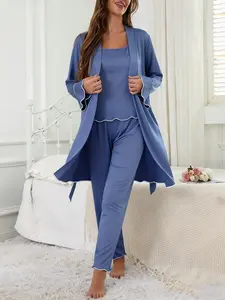 Women's Solid Color Ruffle Edge Camisole Pants with Bell Sleeve Long Robe, 3 Piece Sleepwear Set for Elegant Casual Comfort