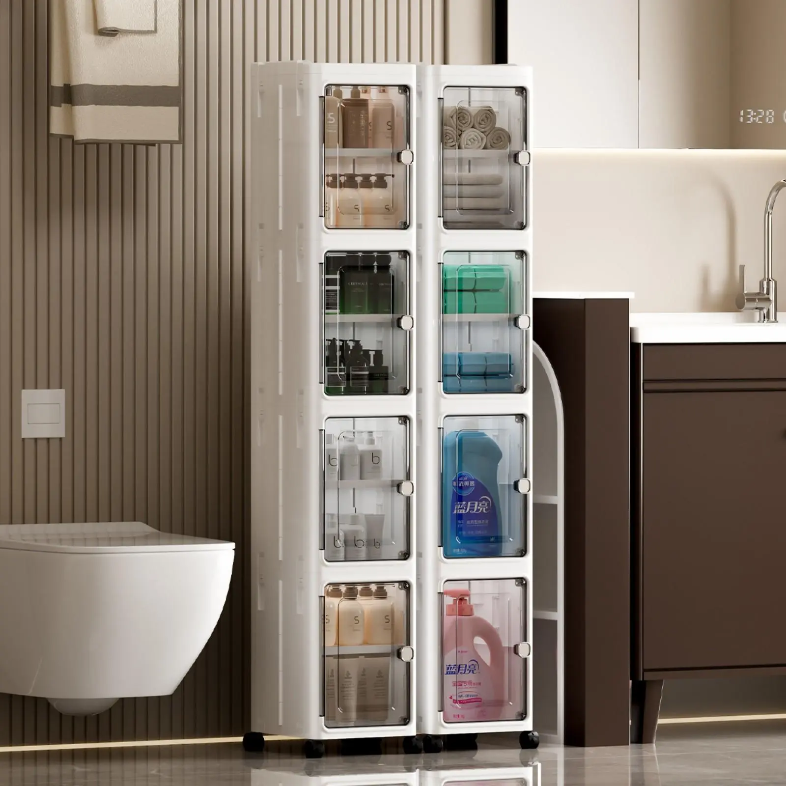 1/3/4/-Tiers Tall Narrow Storage Cabinet, White Slim Bathroom Organizer with Rolling Wheels, Skinny Freestanding Cabinet, Space Saving Storage Unit for Bathroom Kitchen Laundry Small Areas