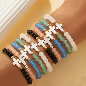15Pcs Colorful Glass Bead Bracelets With Cross Charm, Perfect for Women in Spring And Summer. Great Gifts for Family And Friends for Everyday Wear