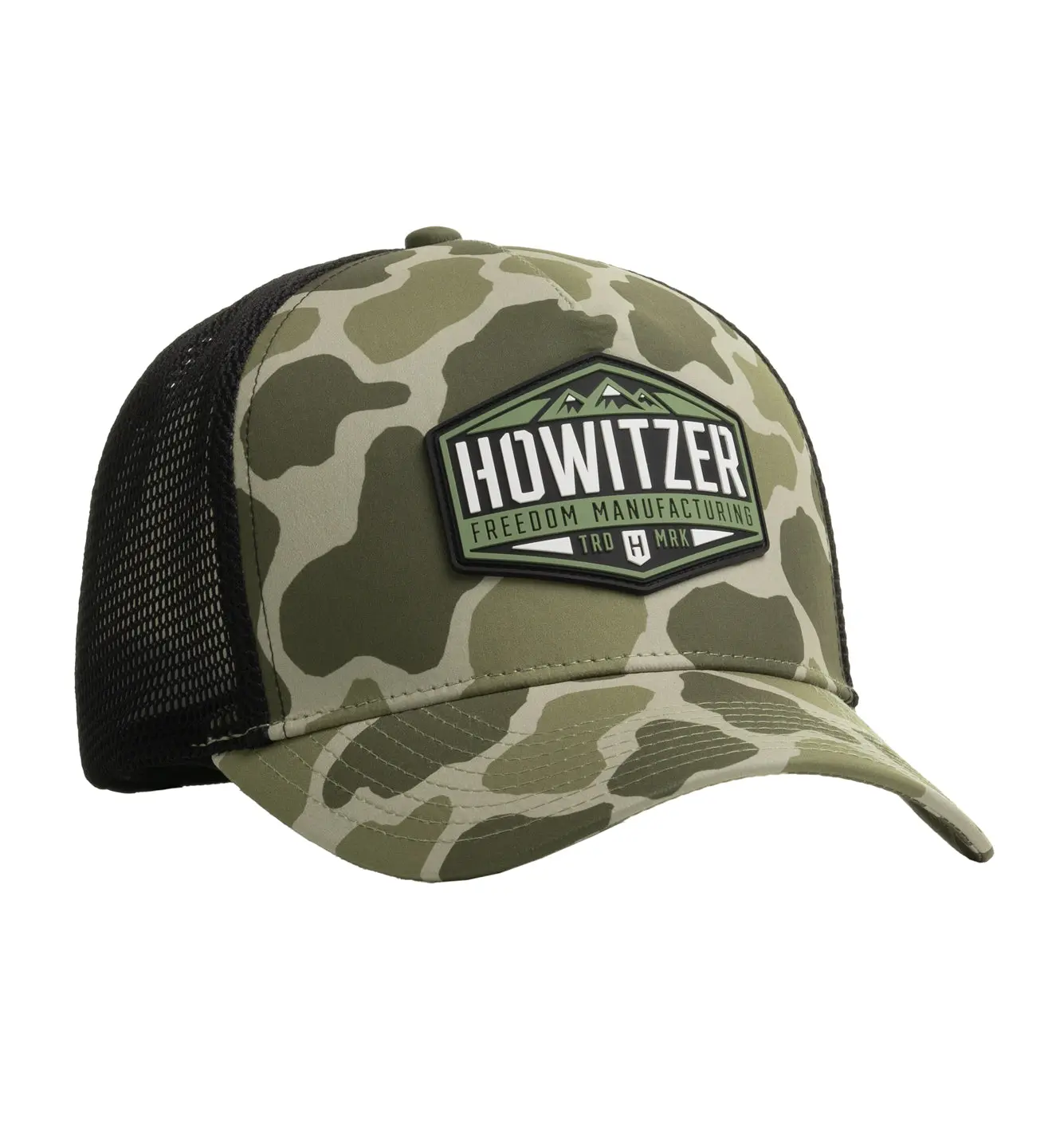 Howitzer Men's Freedom Shield Duck Camo Trucker Hat, Breathable Polyester Mesh Baseball Cap with Performance Sweatband, Trucker Style Hat, Adjustable Headgear, Hand Wash, Snapback Hats