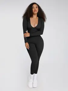 Seamless Shaping Deep V-Neck Tummy Control Waist Cinching Catsuit - Long Sleeve Jumpsuit for Women's Comfortable Wear