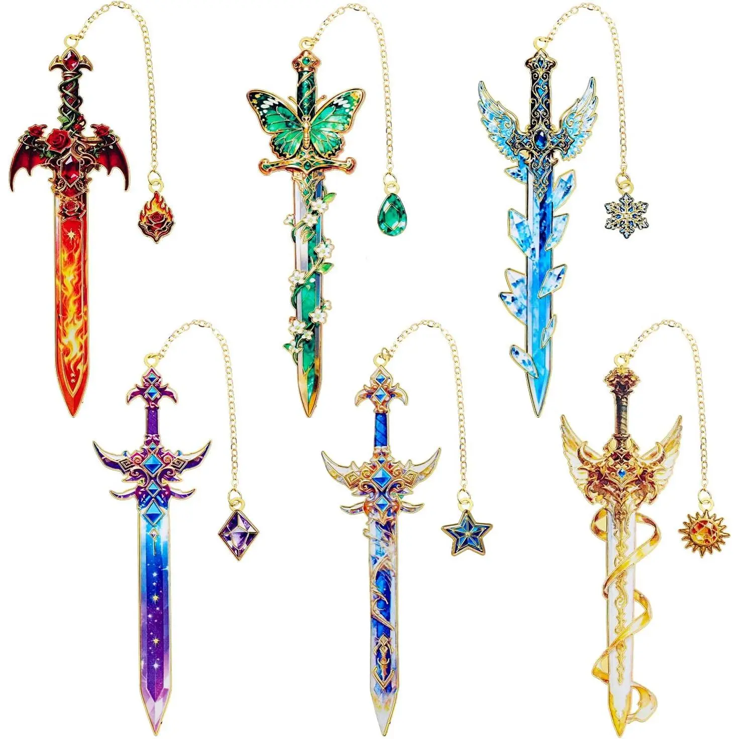 6 count Fantasy Sword Metal Bookmarks Set, Cool Wing Bookmark, Fantasy Bookmark Gifts for Book Lover, Reading Accessories for Books Journals Planners, 1.57 x 4.33in