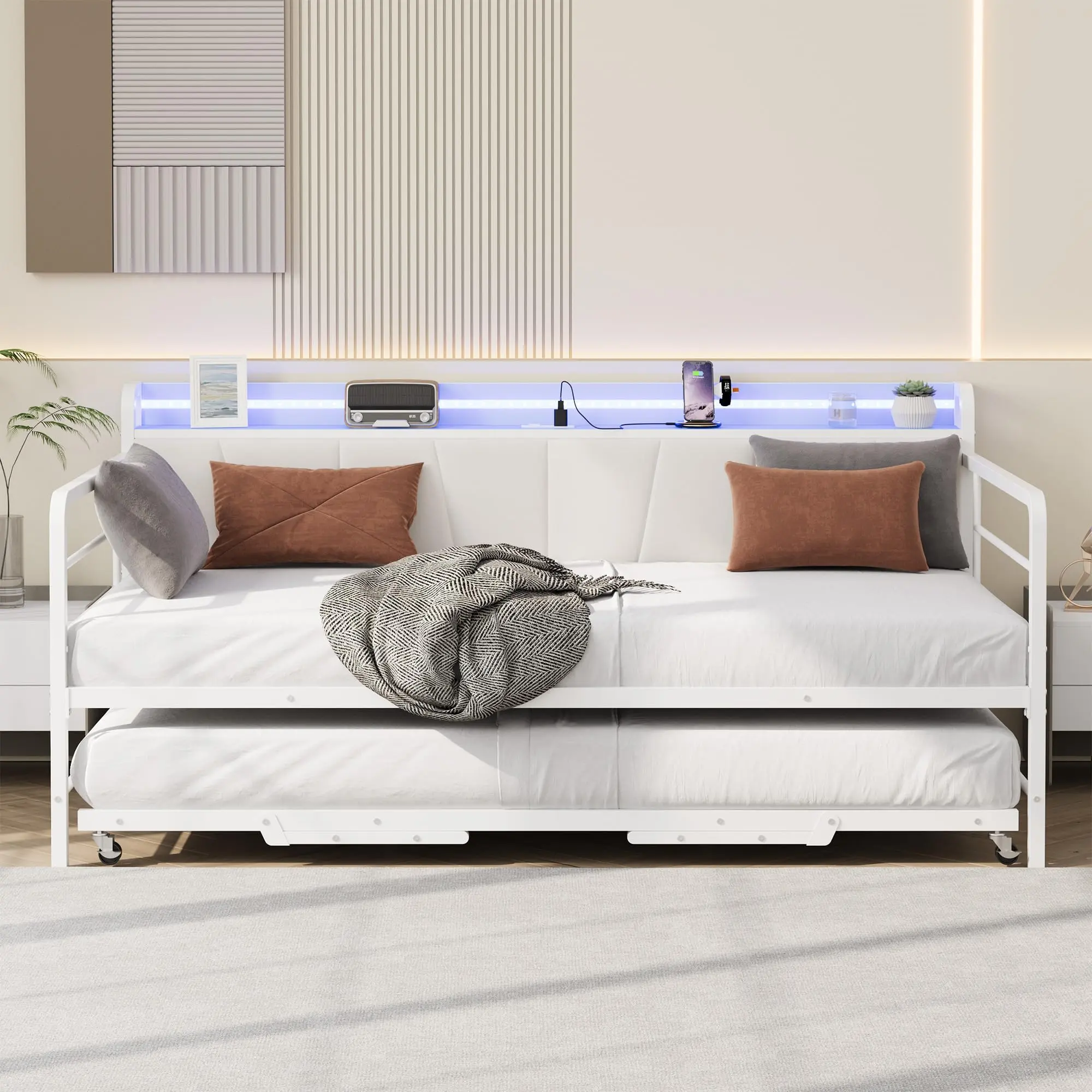 Gaomon Metal & Linen Convertible White Sofa Bed with Pull-Out Single Trundle Bed, Color-Changing LED Light, Sturdy Frame, Headboard, USB Port Charging Station, Armrest, Storage - Ideal for Small Spaces, Living Room