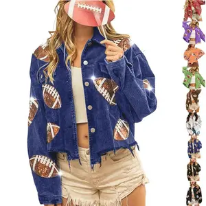 Women'sGameDayCorduroySequinFootballCroppedJacketRugbyOversizedLapelButtonDownShirtShacketCoat
