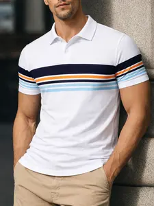 Men's Athletic Polo Shirt Short Sleeve Striped Casual Wear, Durable Fabric Summer Daily Home Outdoor Sports, Fitted Regular Style