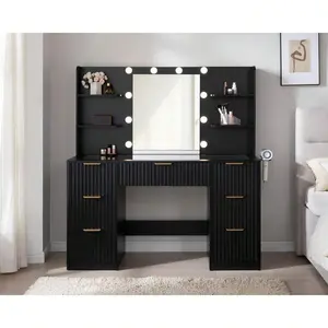 47.2" Fluted Vanity Desk With Mirror And Adjustable LED Lights, Large Makeup Vanity With 7 Drawers, Glass Top And Charging Station For Bedroom Or Dorm, Women And Girls, Black