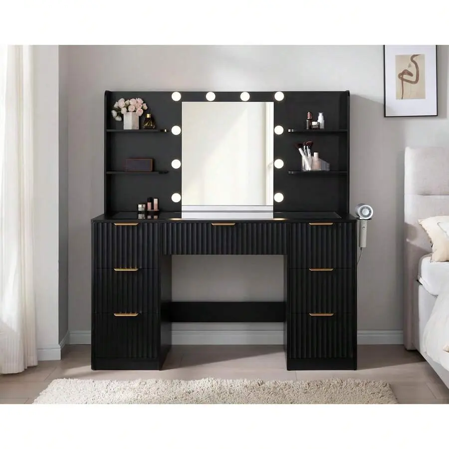 47.2" Fluted Vanity Desk With Mirror And Adjustable LED Lights, Large Makeup Vanity With 7 Drawers, Glass Top And Charging Station For Bedroom Or Dorm, Women And Girls, Black