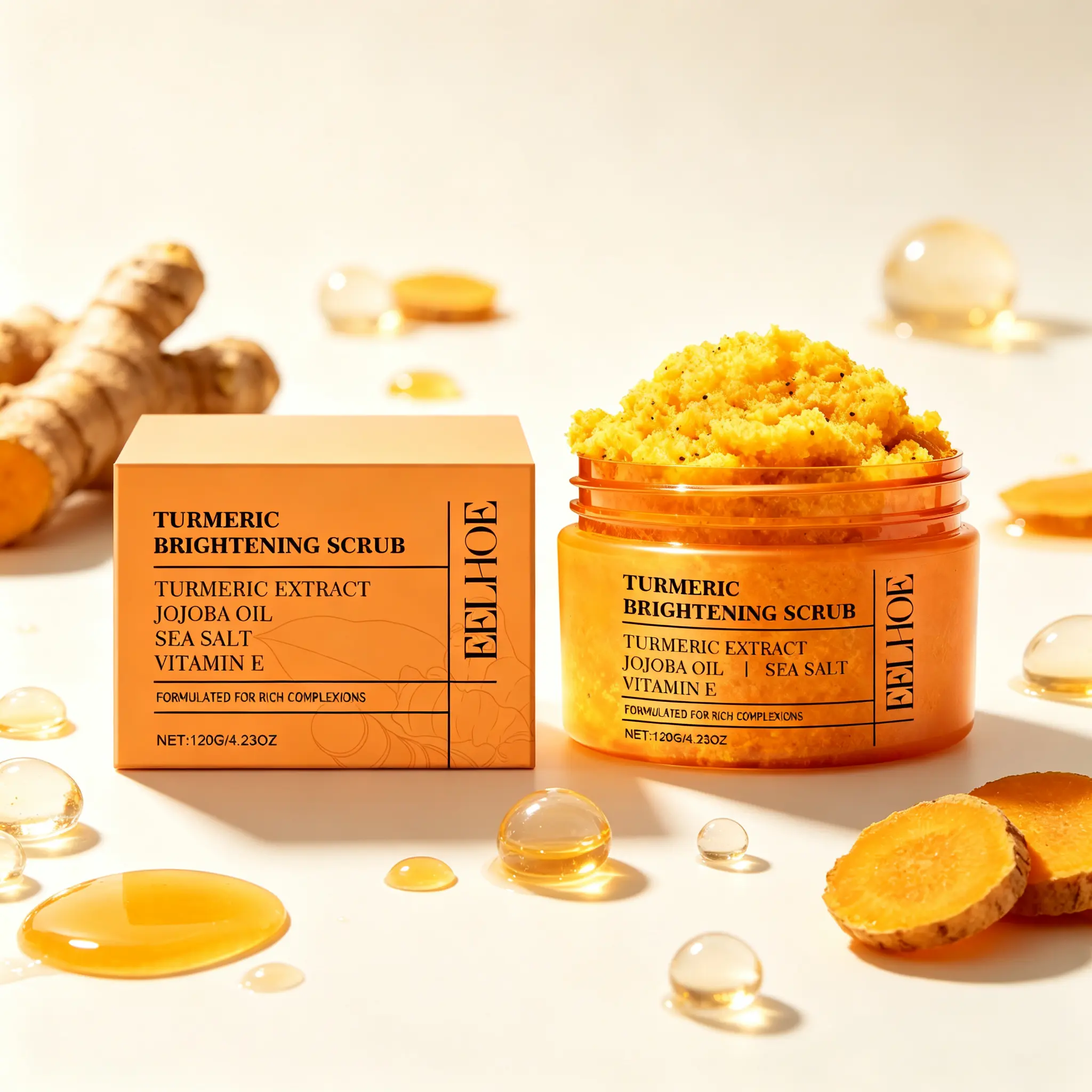 Brighten and exfoliate with Keli-Once Turmeric Brightening Scrub  Turmeric extract, jojoba oil, sea salt, and Vitamin E work together for radiant skin. 120g. Formulated for rich complexions. #KeliOnce #turmieric #exfoliationscrub