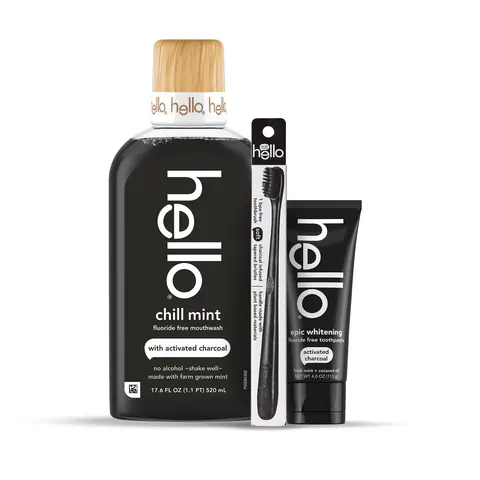 Hello Activated Charcoal Oral Care Essentials Bundle, Fluoride-Free Toothbrush Set for Whitening Yellow Teeth, Gift Set
