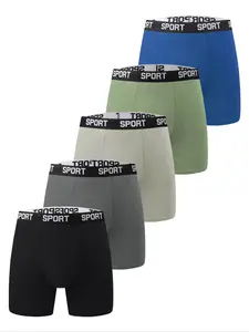 5 pcs men's slim fit Long style flat cornered underwear Stretchy Boxer Briefs-Soft, breathable, lightweight, elastic waistband, suitable for spring sports and daily casual wear, fitness boxing long sincer underwear