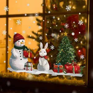 Christmas Snowman and  Wall  Stickers -- Winter Scene with  Boxes and Christmas Tree Removable Vinyl Wall Decor for Living Room, Bedroom, Office, Holiday Decoration
