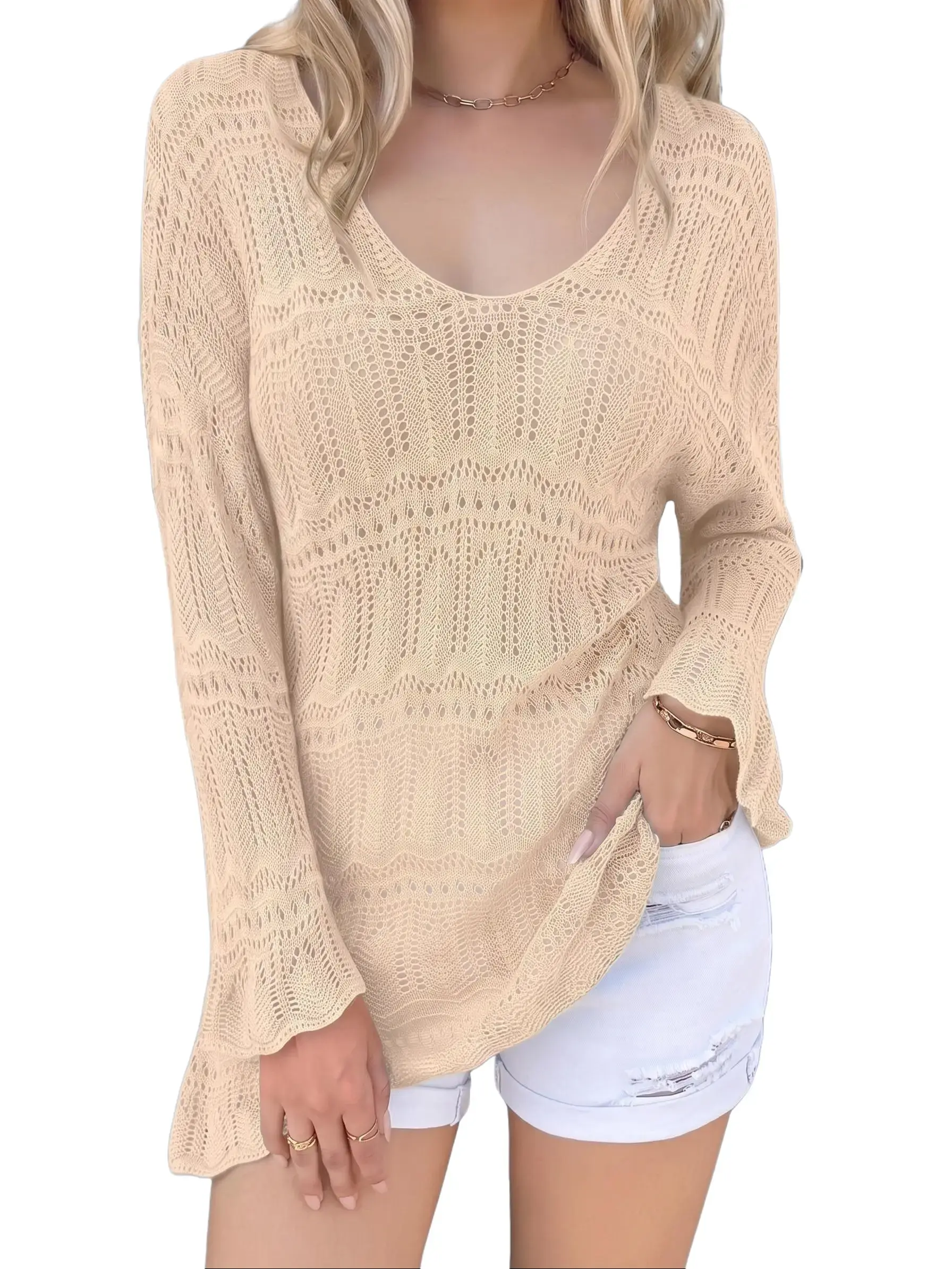 Shewin Summer Outfit Women's Casual Knitwear - Scoop V-Neck Hollow Out Crochet Long Sleeve Lightweight Pullover, Ruffle-Front Loose Cover Up for Daily Outings DealsForYouDays