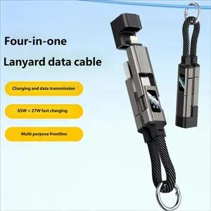 Digital Display Charging Status Lanyard Keychain Short Cable Four-In-One Data Line USB Charging 6a Super Fast Charging Compatible with Apple Android Tablets Laptops Multi-Functional Braided Strap
