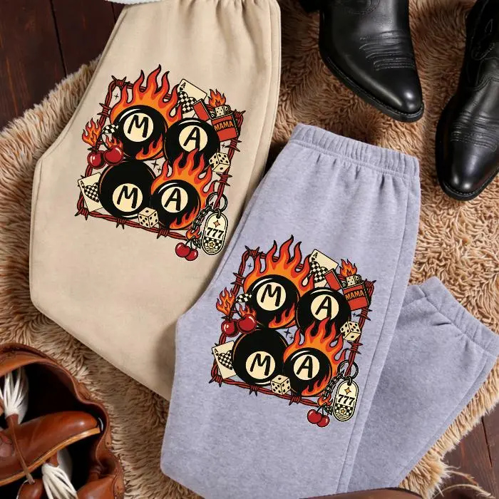 Mama Flaming 8 Ball Sweatpants, Unisex Graphic Pants, Casual Lounge Wear