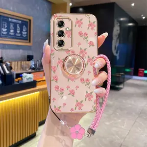 A36 Fashion Series Clover Strap Lanyard Phone Holder Case Casing For Compatible With Samsung Galaxy A36 5G Plating Cover and Impact Resistant Romantic Pink Rose Flowers Protector Cases