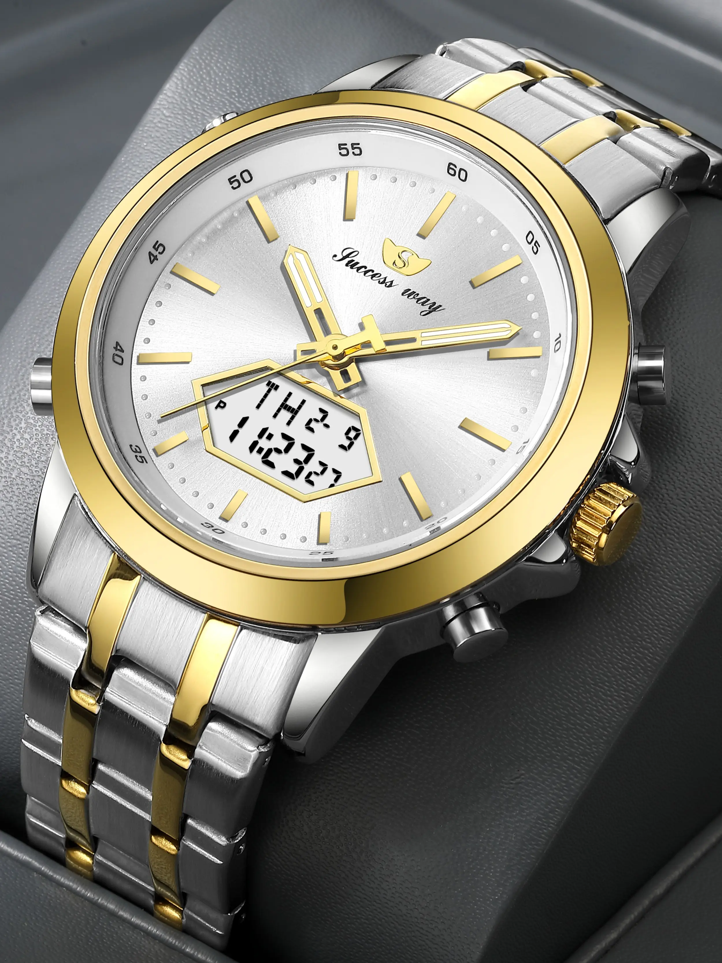 SUCCESS WAY Men's Analog Digital Dual Display Quartz Chronograph Watch 30M Water Resistant Stainless Steel Business Wristwatch
