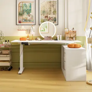 FUFU&GAGA L Shaped Electric Standing Desk with Drawers and Shelves, Height Adjustable & Shape Reversible Stand up Desk, 63" Computer Desk Makeup Table