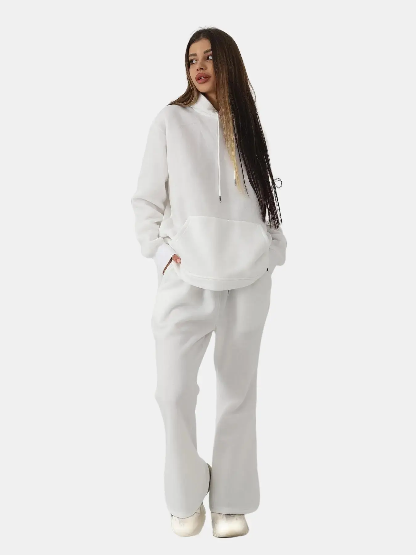Women's Solid White Long-Sleeve Hoodie & Elastic Waist Jogger Set - Soft Polyester Fabric with Drawstring Hoodie & Kangaroo Pocket - Sizes S to 2XL