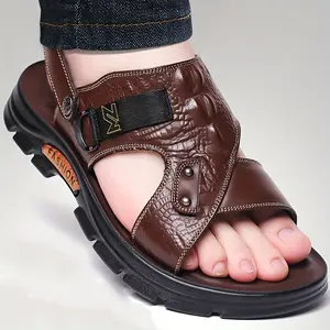 Stylish New Slides Men's Genuine Leather Slip-On Sandals - Breathable Summer Casual Shoes with Adjustable Straps, Cushioned PU Insole & Non-Slip Sole - Brown, Textured Shoe Design