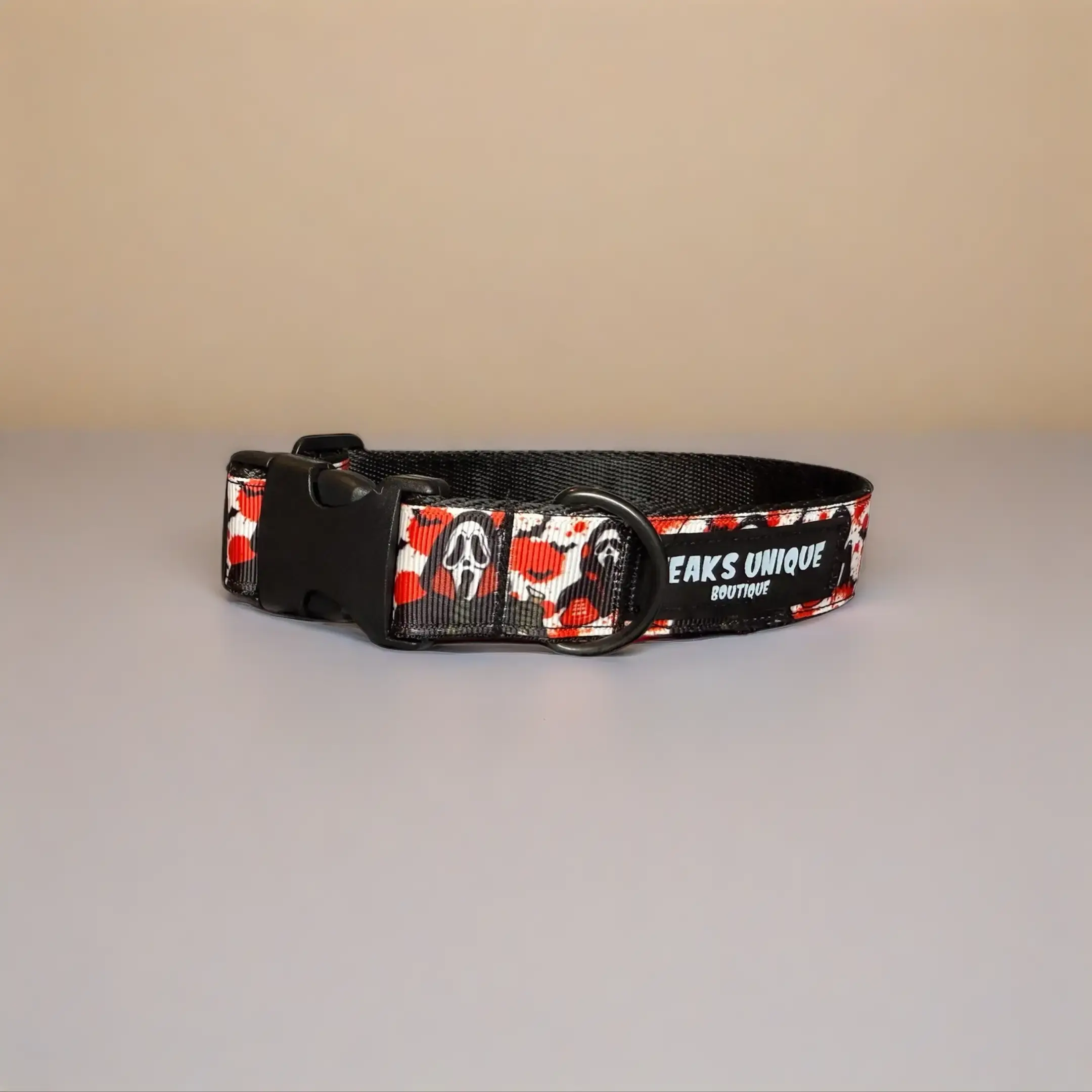 Bloody Ghost Face Dog Collar Scream Inspired Horror Movie Pet Accessory Red Blood Splatter Halloween 1-inch Thick Ribbon Durable Nylon Webbing Slasher Movie Collar
