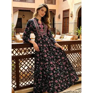 Women's Smooth Bohemian Embroidered Floral A-Line Breathable Soft 3/4 Sleeve Dress, Lightweight Comfortable Fabric Midi Skirt for Summer, Flattering Casual Vacation Artistic Outfit