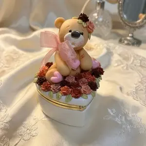 Handcrafted Heart-Shaped Trinket Box with Porcelain Teddy Bear and Floral Decor