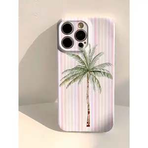 Vacation Style Shockproof Fashion Phone Cases 1pc Watercolor Palm Tree Striped Pattern Perforated Glossy Filament Phone Case Compatible With IPhone 11/12/13/14/15/16 Pro Max Waterproof Shockproof Anti-Fall Scratch Resistant Spring Gift
