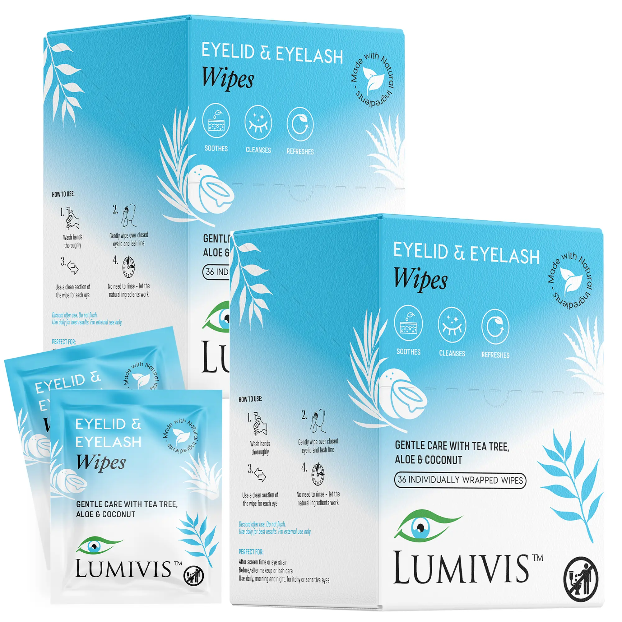 LUMIVIS Tea Tree & Coconut Oil Eyelid Wipes - 72-Count Single Item, Gentle 0% Alcohol Eye Makeup Remover Cleanser for Sensitive Skin, Soothing Moisturizing Daily Eye Care, Calming