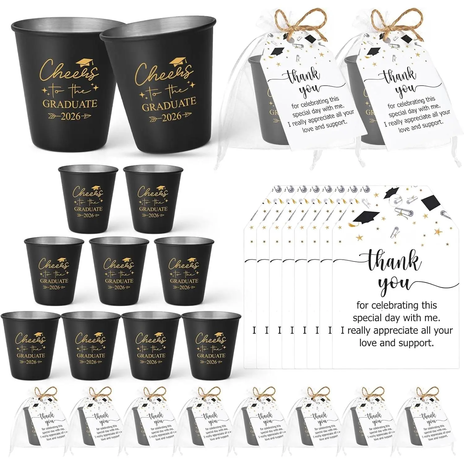 Lifecapido 30 Sets Engraved Stainless Steel Shot Glasses, Class of 2026 Graduation Party Favors for Guests, Engraved Glass Party Gifts for Graduation Events, Graduation Gift