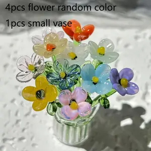 5pcs Mini Glass Flower Bouquet Set, Handmade Colorful Blown Glass Flowers with Vase, Artificial Daisy Stems, DIY Craft Supplies, Artificial Faux Flowers