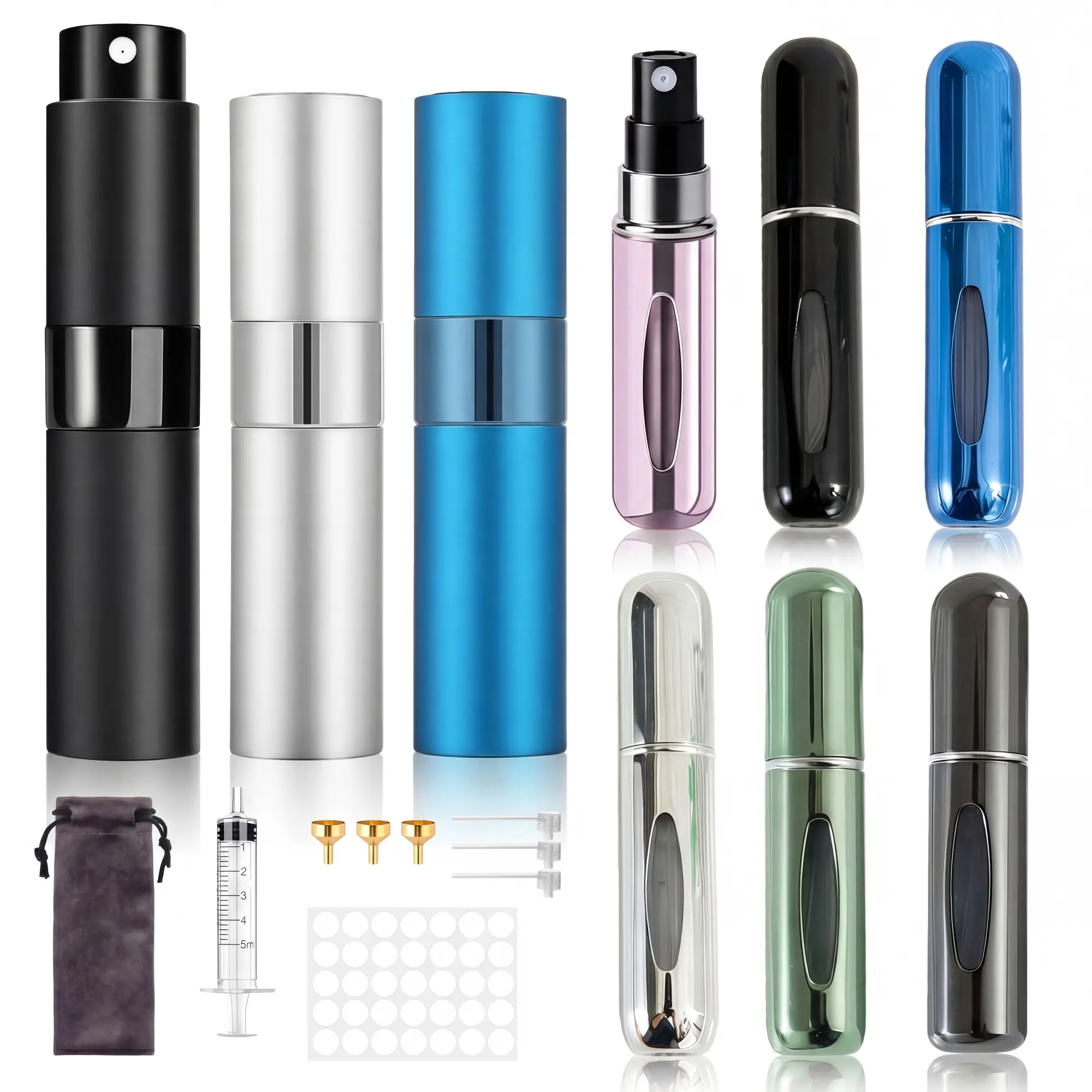 9 PCS Travel Perfume Atomizer Refillable Set, 3x8ml & 6x5ml Mini Portable Spray Bottles, Fine Mist Sprayer for Men & Women, Premium Aluminum Durable Inner Container, Multi-Color Collection