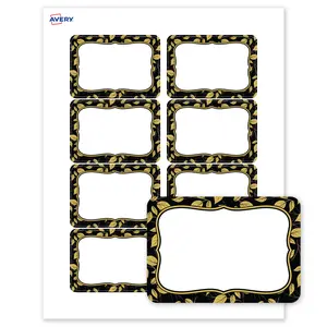 Avery Printable Adhesive Name Tags, 2-1/3" x 3-3/8", Matte White, Pre-printed Flourished Black Border/Golden Leaves Design, Laser & Inkjet Compatible, 160 Total