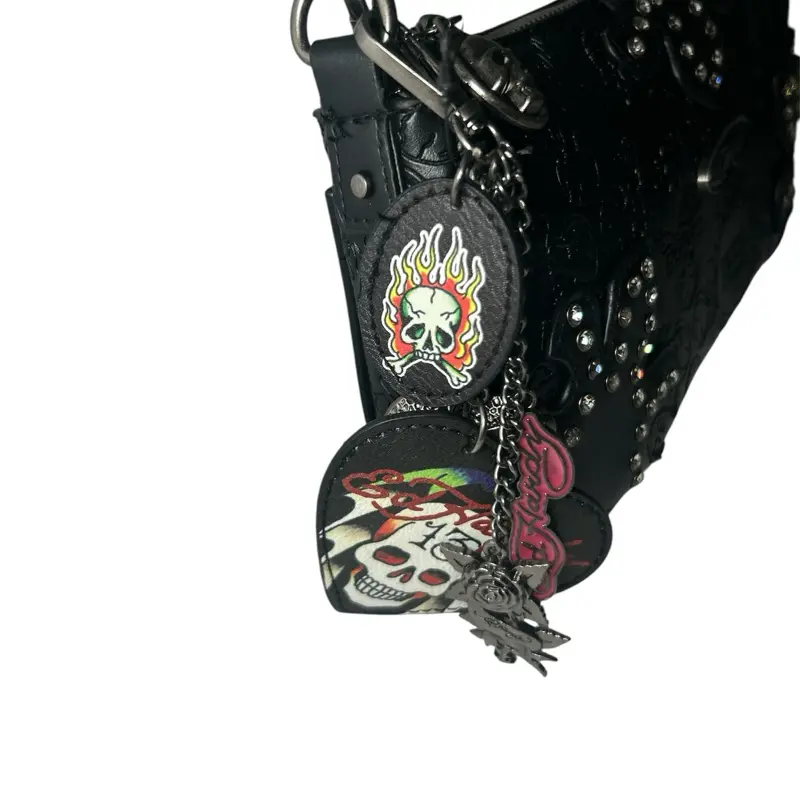 Ed Hardy Black Skull Embossed Rhinestone Y2K Shoulder Purse