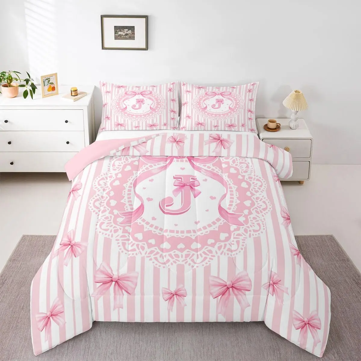 Cute Pink Bow Bedding Sets for - Monogram Initial J Bowknot Comforter Set,Preppy Pink Striped Bows Bed Set,Cutey Room Decor with 1 Pillowcase