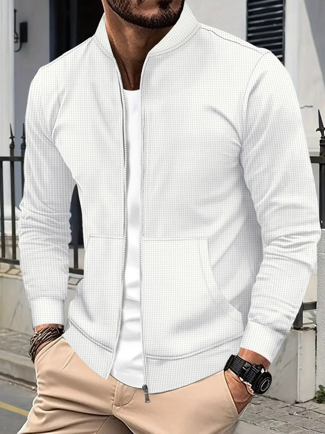 Upgrade Your Wardrobe: Waffle Texture Long Sleeve Baseball Jacket, Stand Collar Full Zip Casual Coat, Daily Wear Leisure Outerwear