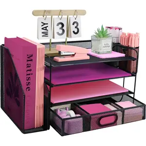 Desk Organizers and Accessories with File Holder, 4-Tier Paper Letter Tray Organiser with Drawer and 2 Pen Holder, Mesh Desktop Document Organizer for Office Supplies, Workspace - Black