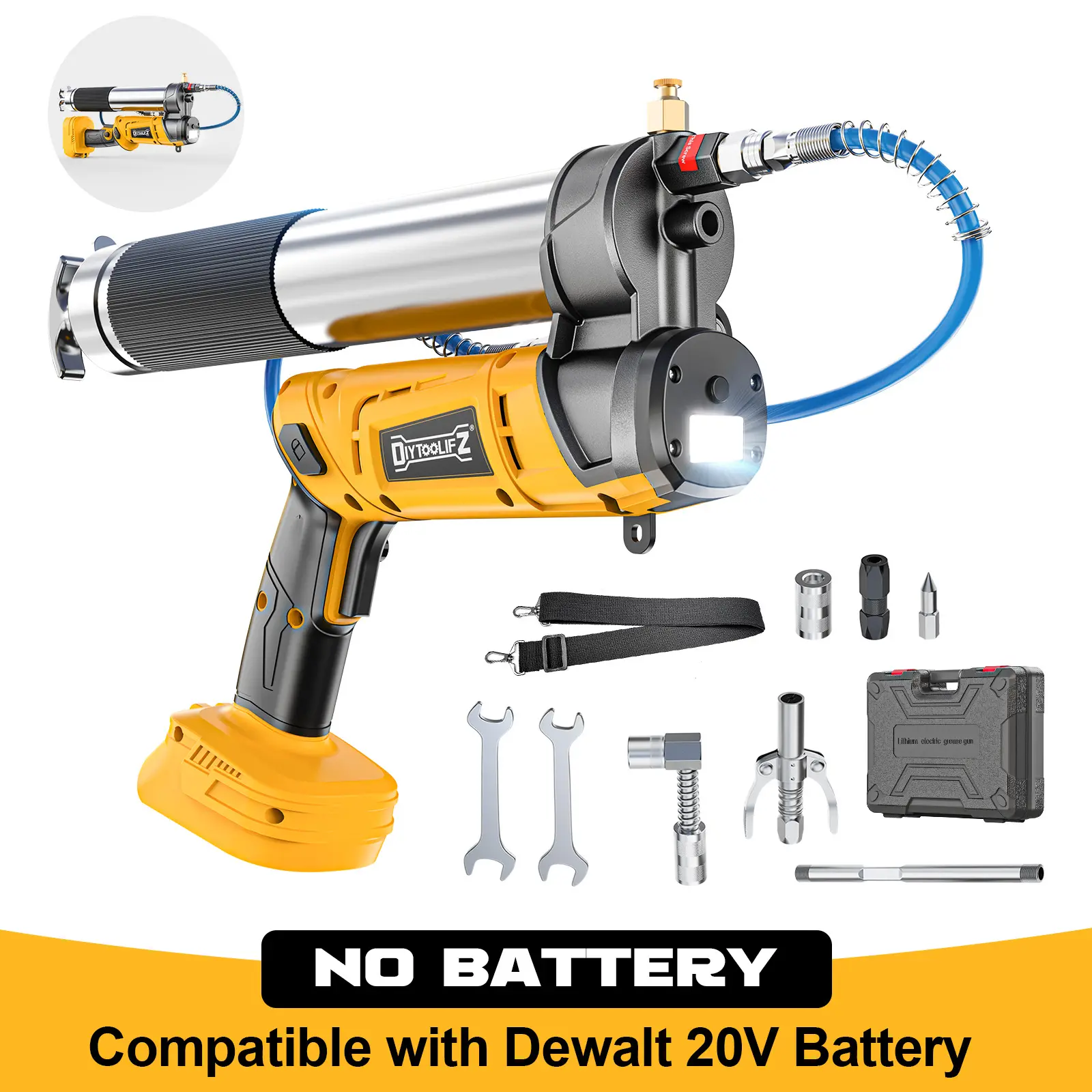 Cordless Grease Gun Compatible with DeWalt/Milwaukee Battery(NO BATTERY!), 12000PSI Dual Pistol&in-Line Grip, Works with Bulk & Cartridge Grease, with 39" Hose&4Couplers