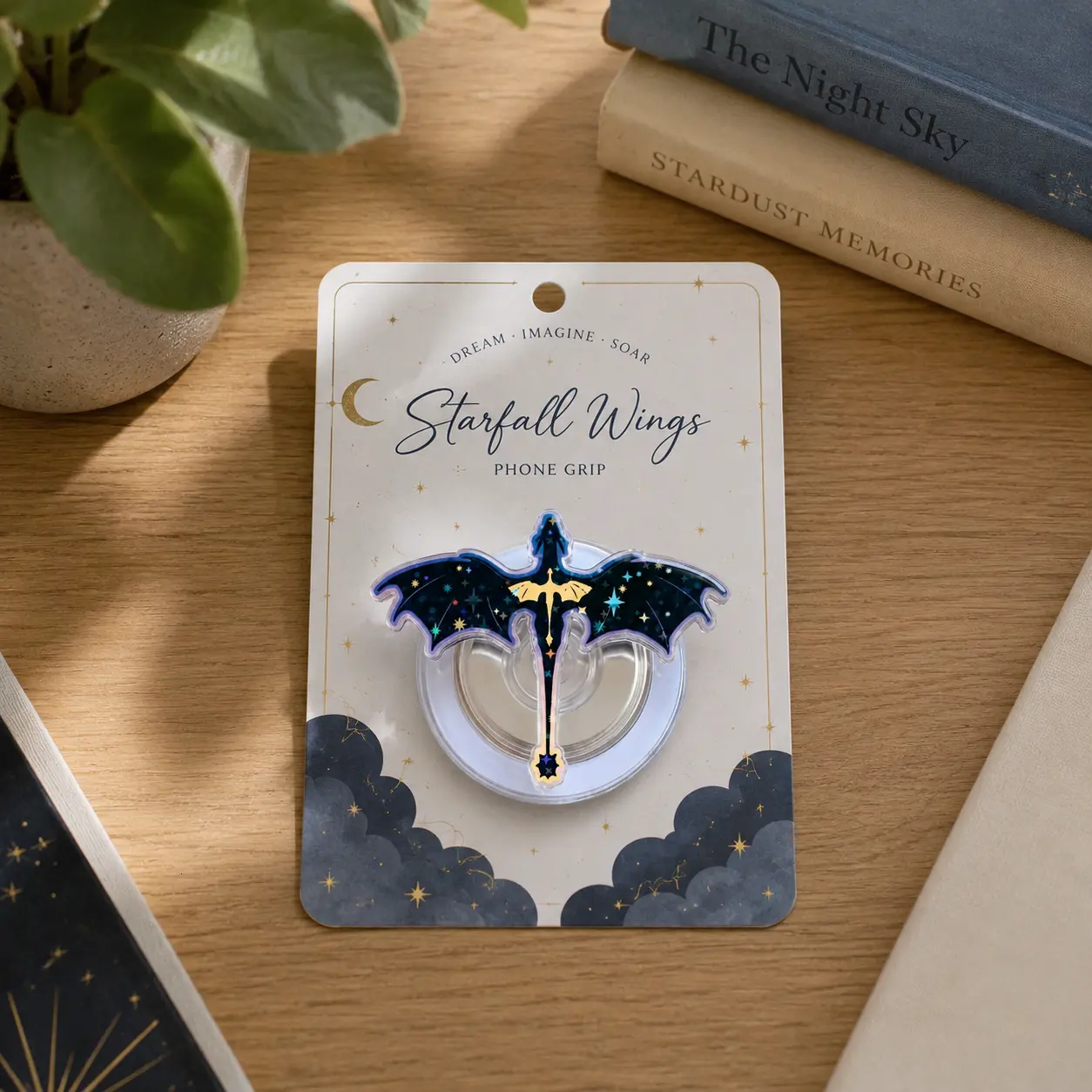 Starfall Wings Bat Phone Grip, Celestial Night Sky Kindle Grip with Stars & Crescent Moon, Gothic Fantasy MagSafe Magnetic Phone Holder Stand
