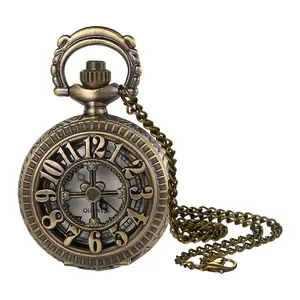 Vintage Hollow Pocket Watch: Quartz Analog Classic Bronze Pendant Necklace Watches with Chain for Men Women Christmas