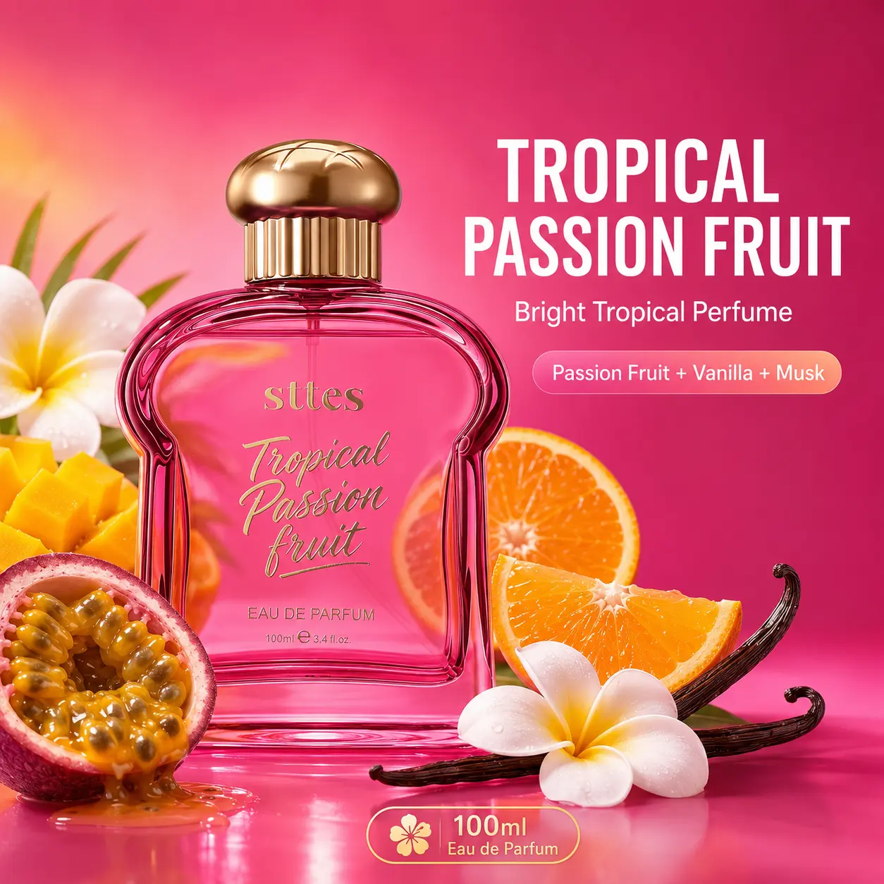 sttes Tropical Passion Fruit Eau de Parfum for Women, Tropical Fruity Floral Perfume, Long Lasting Fragrance Spray with Passion Fruit, Vanilla & Musk, 100ml/3.4 fl oz