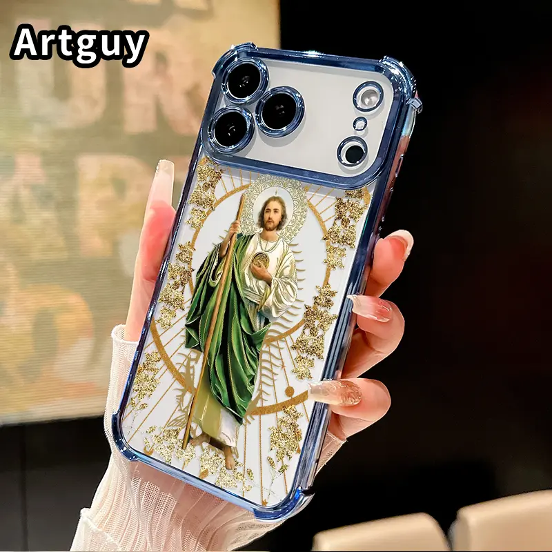 Luxury Saint Jude Thaddeus Transparent Electroplated Phone Case - Heavy Duty Shockproof Corner Cushion Bumper Cover, Religious Phone Accessories For iPhone 17 Pro Max 16 Air 15 Plus 14 13 12 11 E, Ideal Holiday Gift For Adults